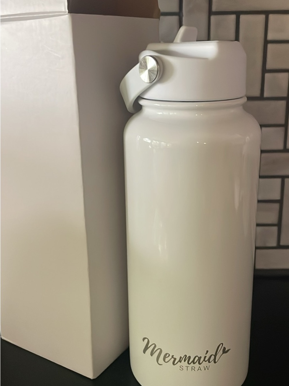 White Insulated Water Bottle - Home Dining- Mermaid Straw